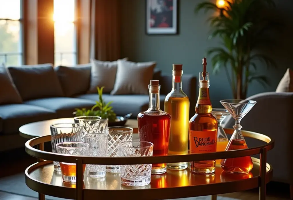 Carrinho de bar elegante com bebidas e decoração sofisticada