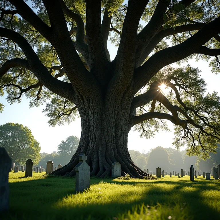 Carvalho imponente em cemitério simbolizando força