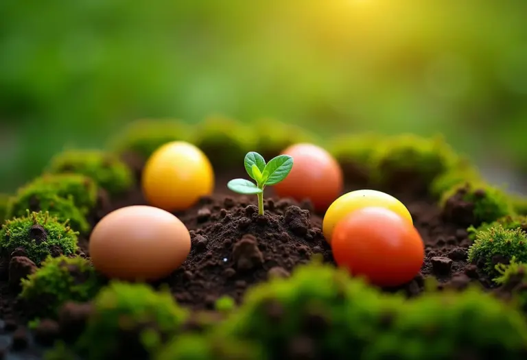 Casca de ovo triturada no jardim com broto verde, close-up.