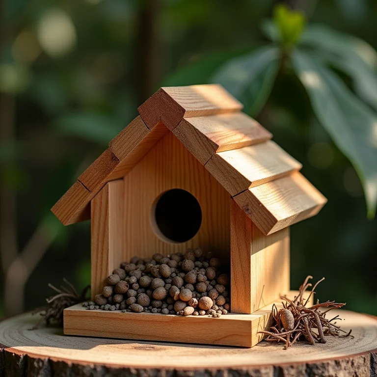 Casinha de passarinho, hotel de insetos e amontoado de galhos.