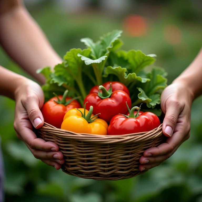 Cesta cheia de vegetais orgânicos colhidos.