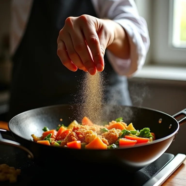 Chef adicionando MSG em legumes salteados
