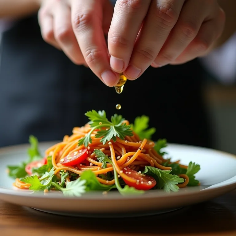 Chef drizzling óleo de gergelim torrado sobre uma salada.
