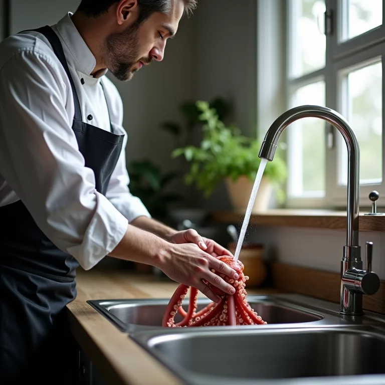 Chef preparando polvo cru antes de cozinhar
