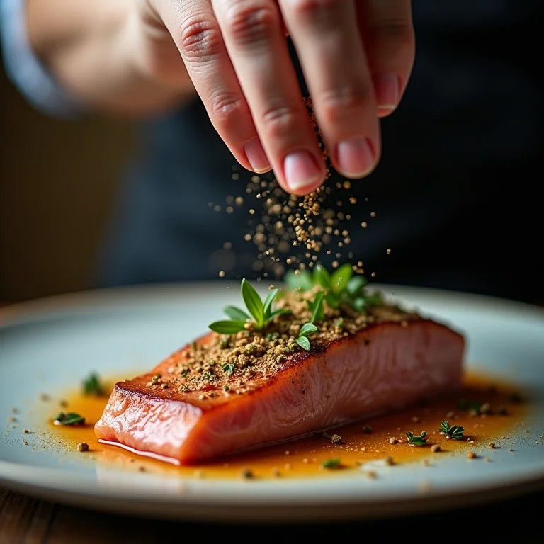 Chef temperando filé de pintado com especiarias