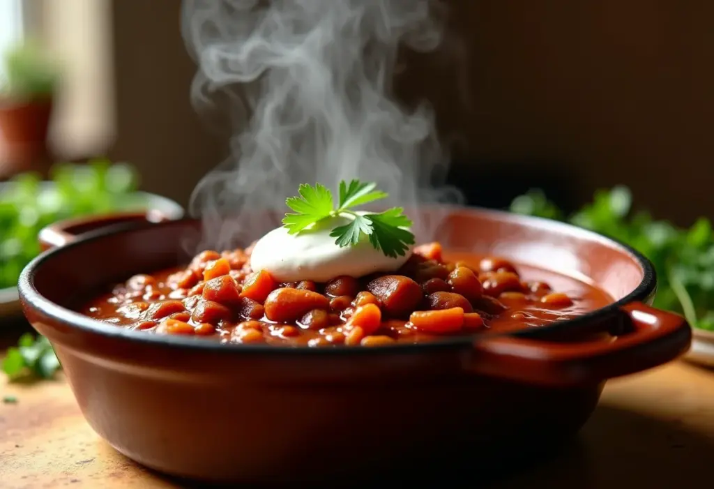 Chilli com carne fumegante em panela de ferro com coentro e creme azedo.