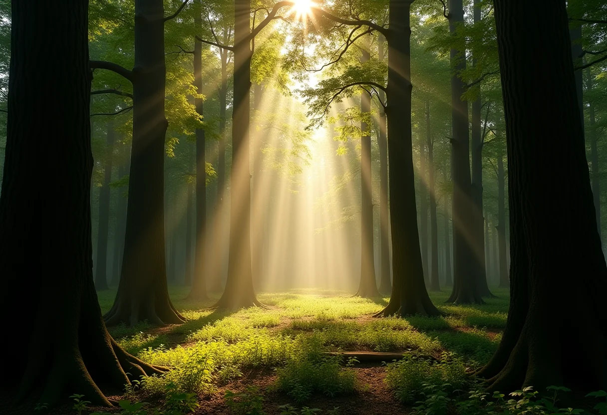Clareira ensolarada em uma floresta antiga, luz filtrada pelas árvores.