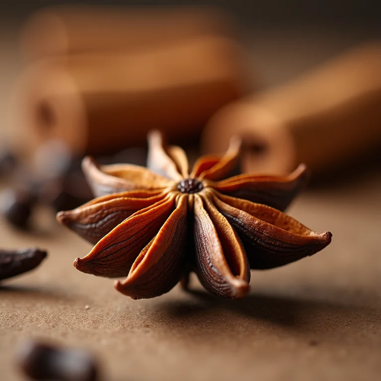 Close-up de anis estrelado, a especiaria base.