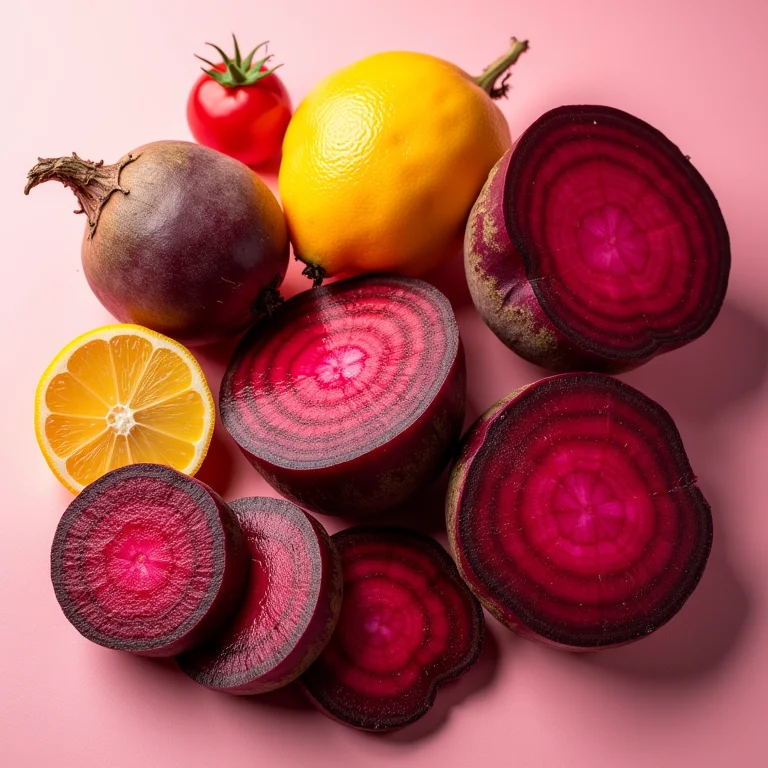 Close-up de beterrabas fatiadas mostrando suas cores vibrantes.