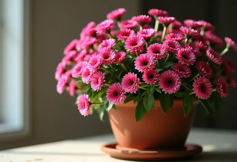 Close-up de cravinas coloridas em vaso de barro rústico
