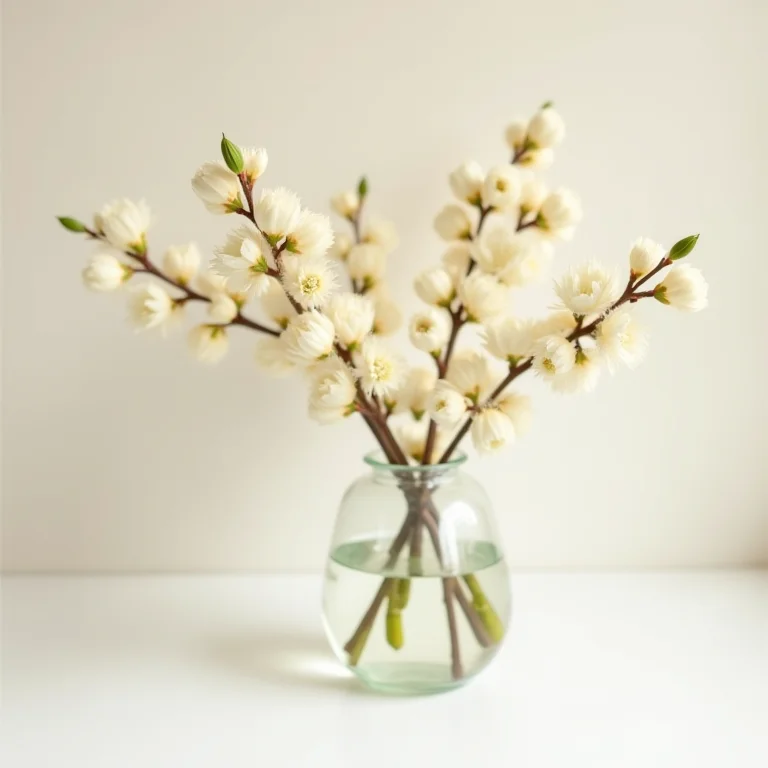 Close-up de flores de acácia em um vaso de vidro.