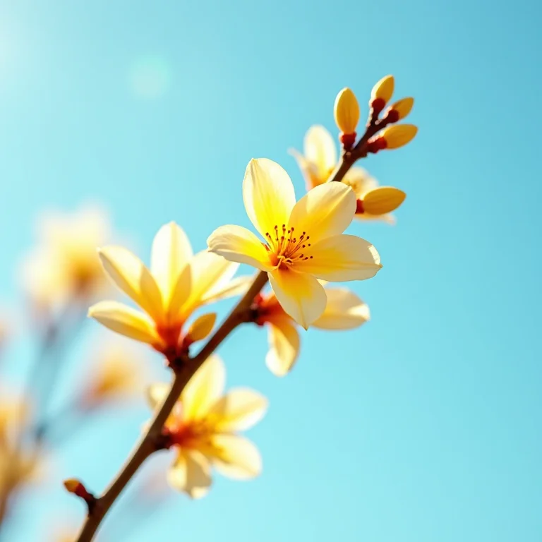 Close-up de um galho de ipê amarelo florido contra o céu azul.