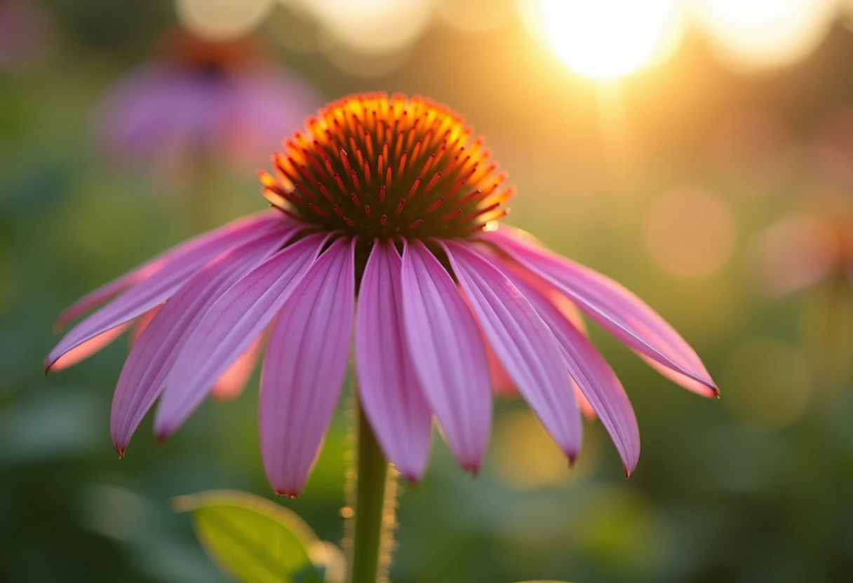 Close-up de uma vibrante flor de cone roxo em plena floração