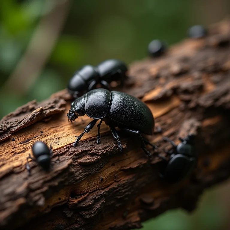 Close-up detalhado de um tronco em decomposição habitado por diversos insetos e besouros.