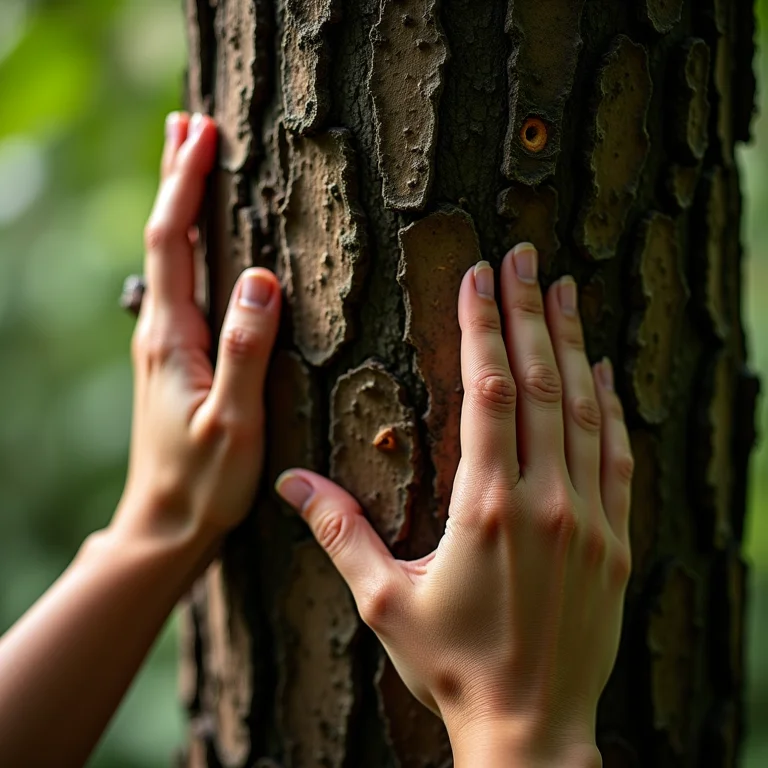 Close-up do tronco de um Umbuzeiro com uma mão tocando a casca