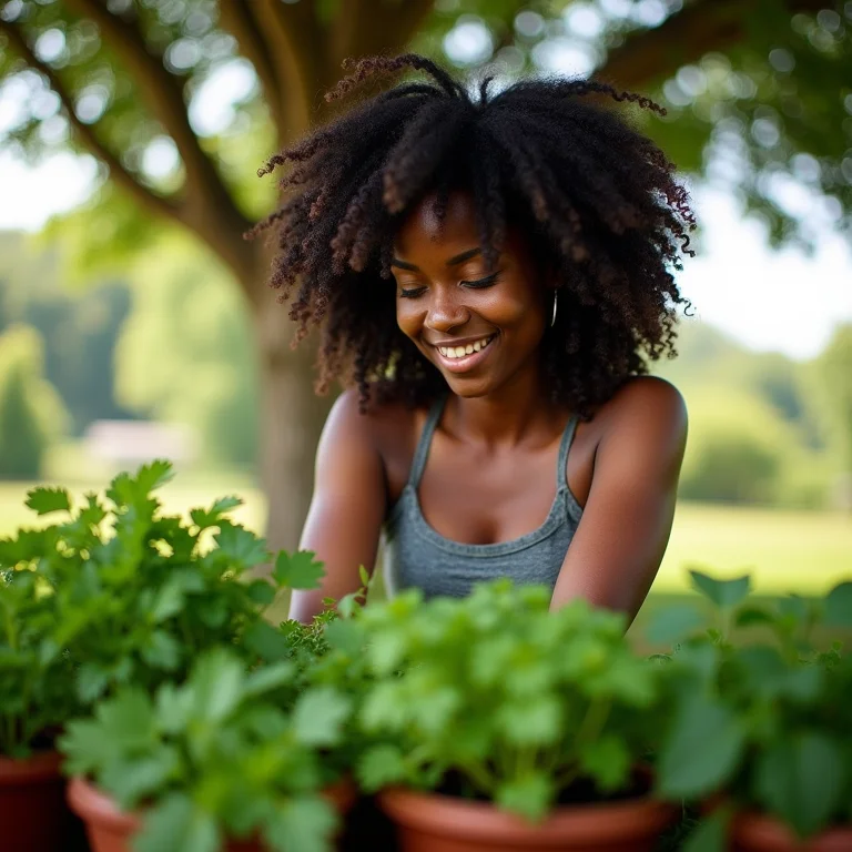 Colheita de ervas à sombra de uma árvore