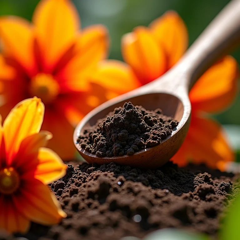 Colher de pau com adubo orgânico para Ixora.