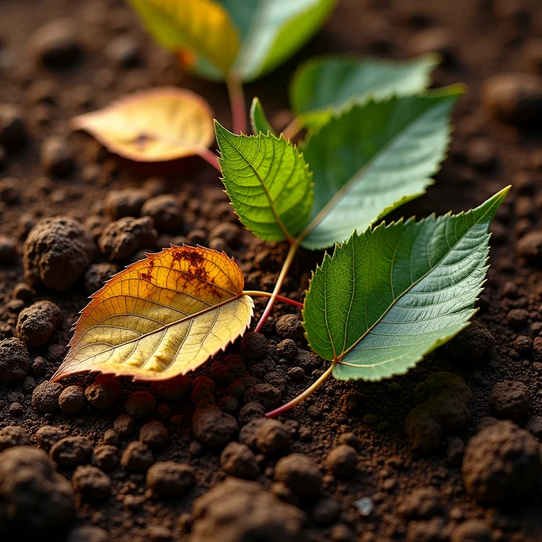 Comparação de diferentes tipos de solo e folhas de árvores.
