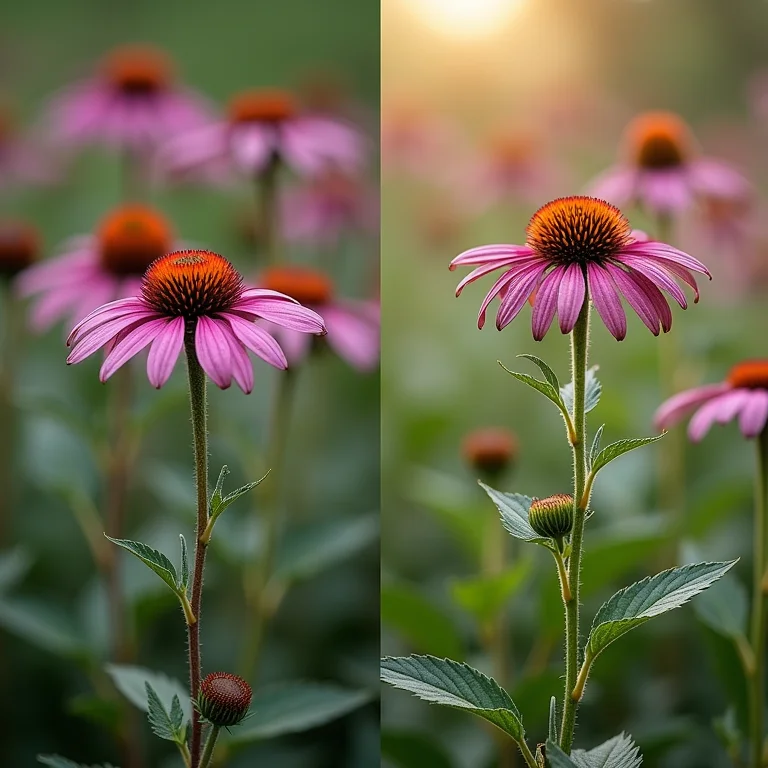 Comparativo entre plantas de flor de cone roxo murchas e saudáveis