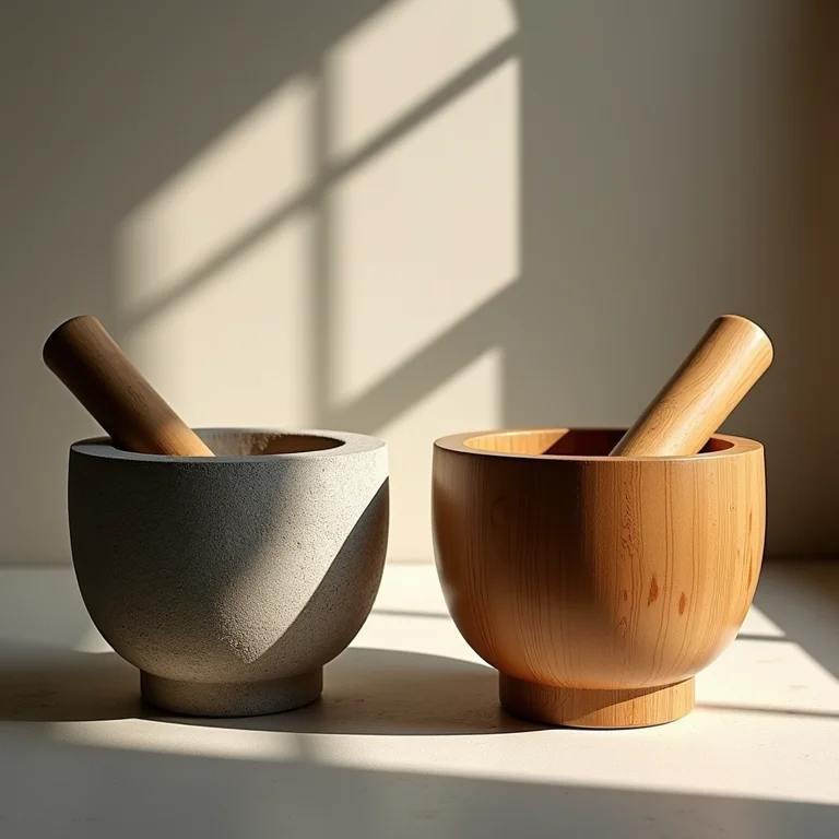 Comparativo visual entre pilão de pedra e de madeira