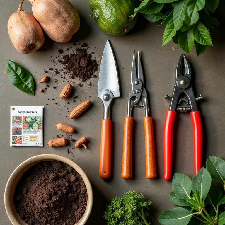 Composição de ferramentas de jardinagem e materiais essenciais para cursos online.