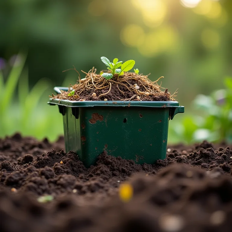Composteira e horta com solo rico em nutrientes.
