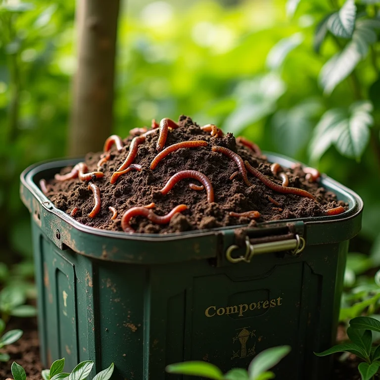 Composteira minimalista com resíduos orgânicos e minhocas.