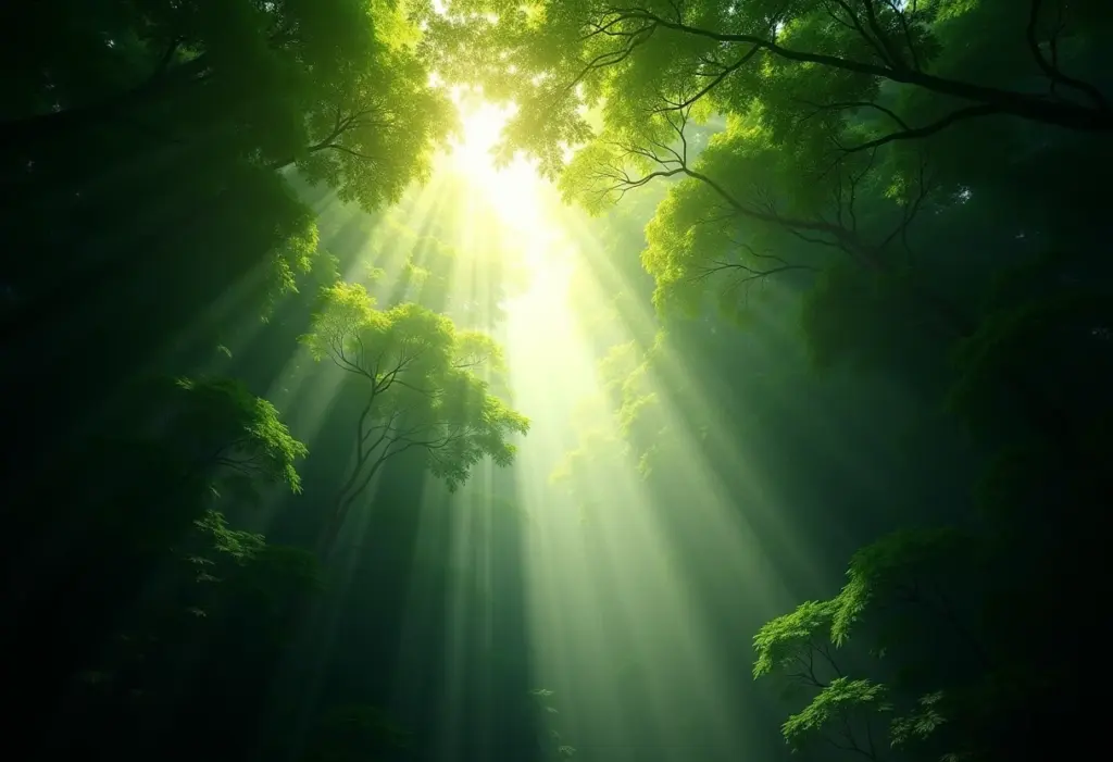 Copas de árvores interconectadas em uma floresta exuberante.