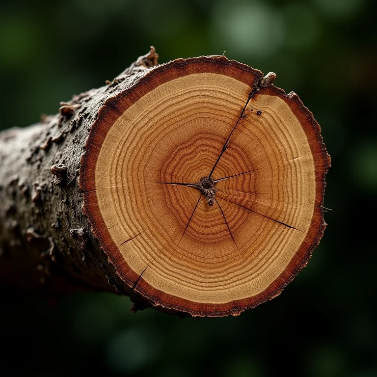 Corte transversal de galho de árvore mostrando a proteção contra a decomposição da madeira