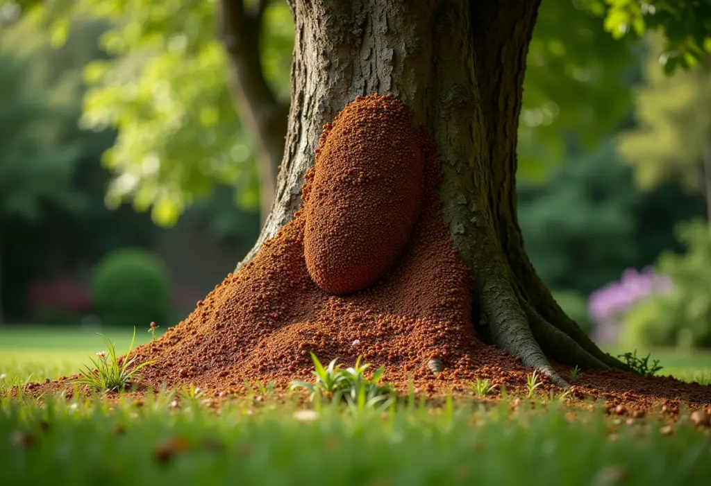 Cupinzeiro em árvore: a praga silenciosa que destrói seu jardim Cupinzeiro em árvore grande, destruição visível no jardim.