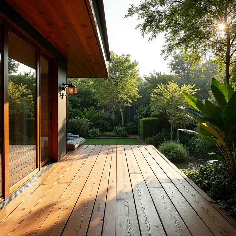 Deck de Itaúba com vista para um jardim exuberante