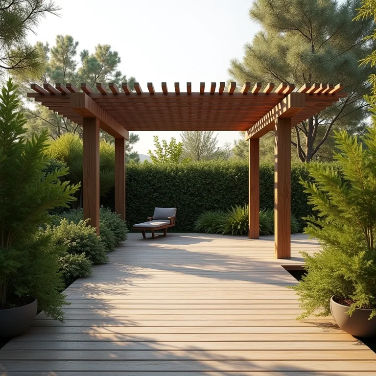 Deck e pergolado de Pau Marfim em um jardim exuberante