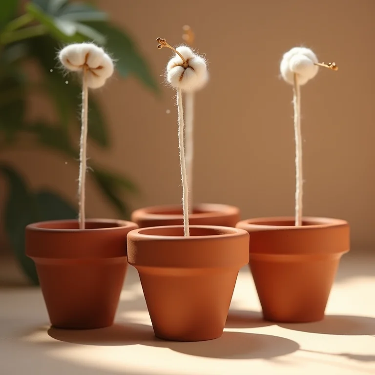 Demonstração do processo de irrigação por capilaridade com pequenos vasos de cerâmica e barbantes de algodão