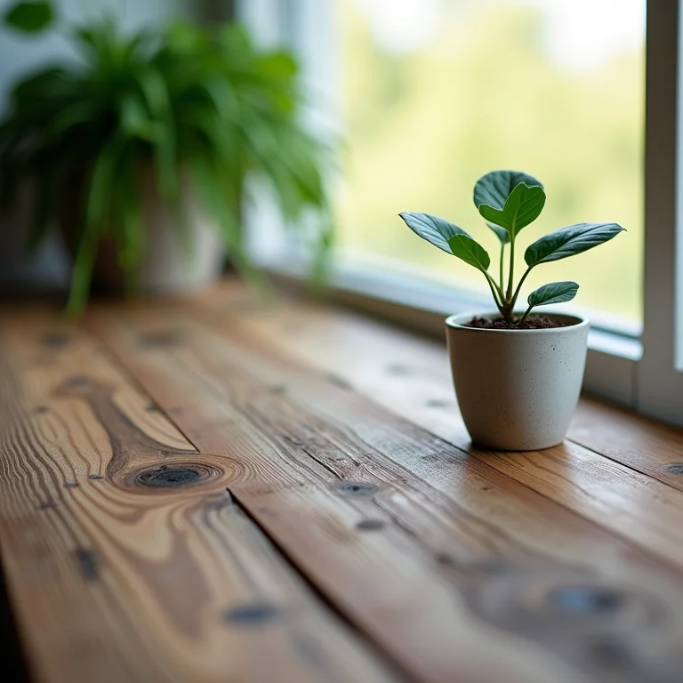 Detalhe da madeira de demolição com planta verde