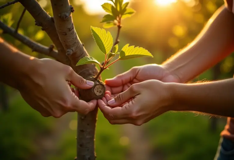 Detalhe de enxerto em árvore frutífera, com foco nas mãos e na união das partes.
