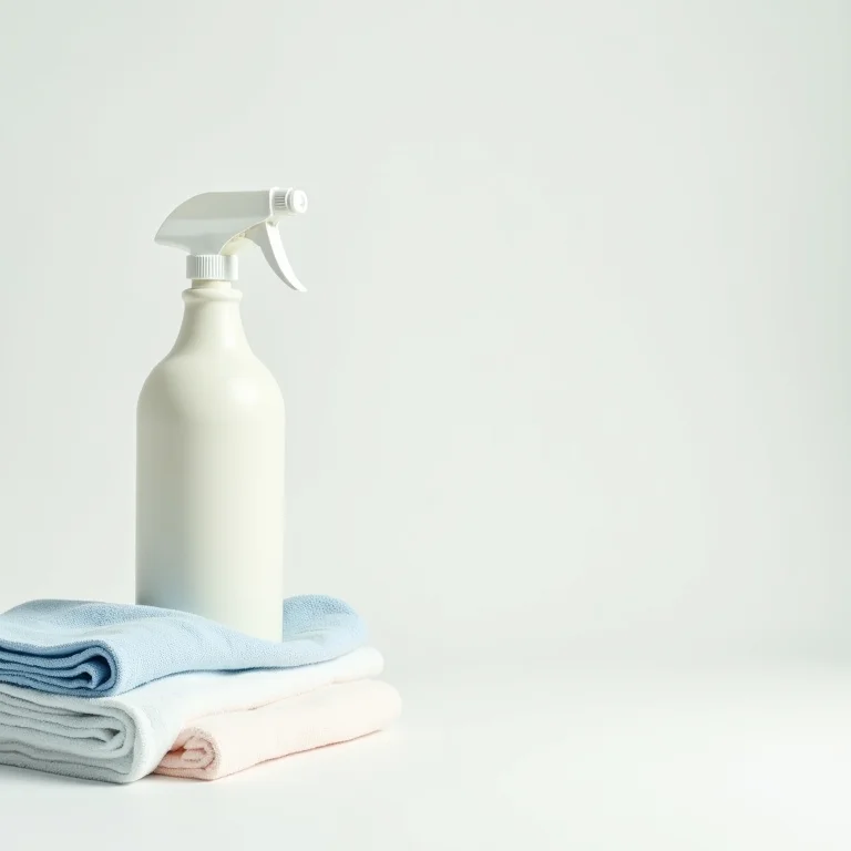 Detergente neutro, panos de limpeza e borrifador em cenário organizado