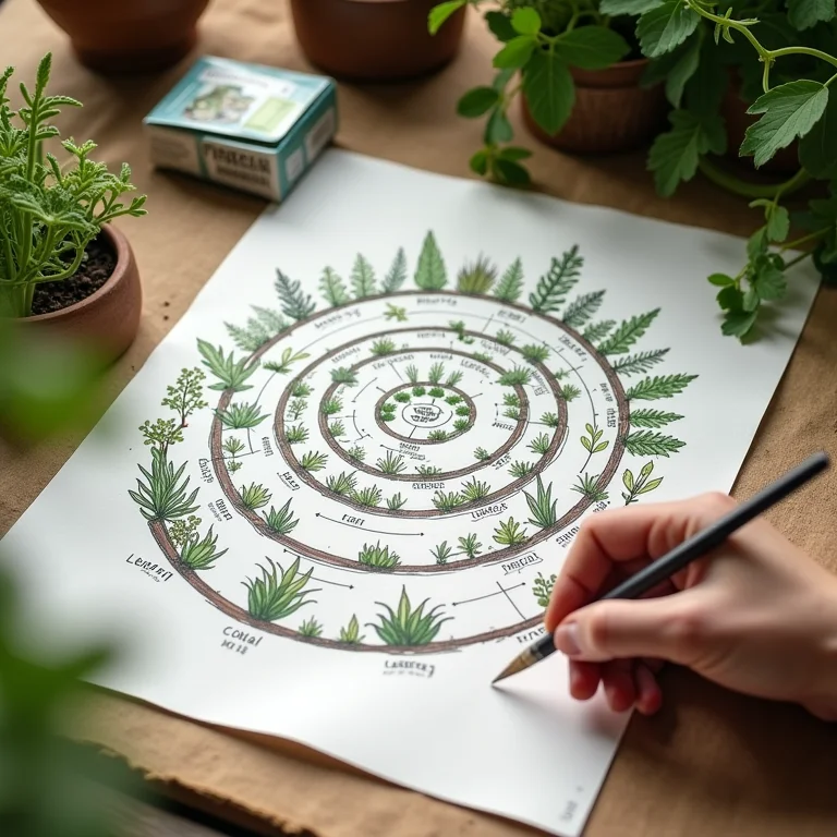 Diagrama de um jardim em espiral com medidas.
