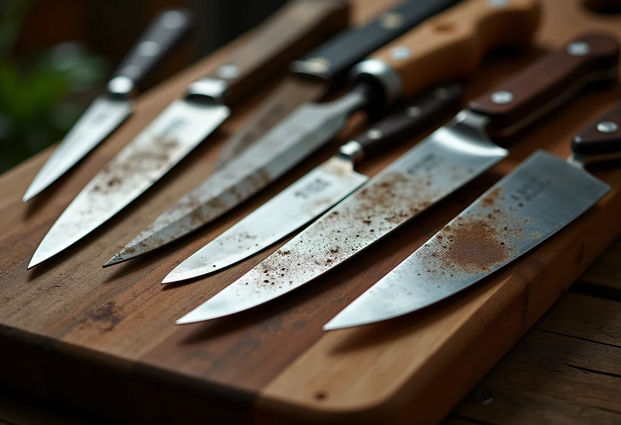 Diversas facas de cozinha em uma tábua de madeira, algumas com sinais de ferrugem