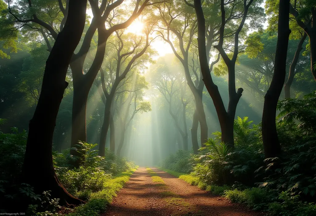 Diversidade de árvores brasileiras icônicas sob a luz suave da manhã.