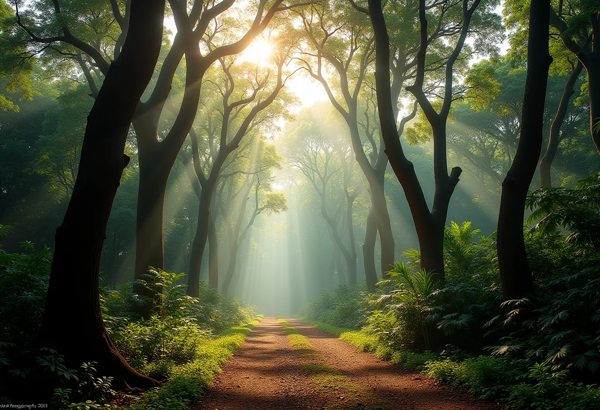 Diversidade de árvores brasileiras icônicas sob a luz suave da manhã.