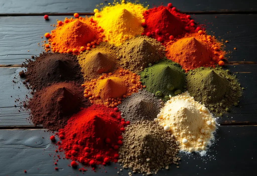 Diversidade de especiarias coloridas dispostas artisticamente.