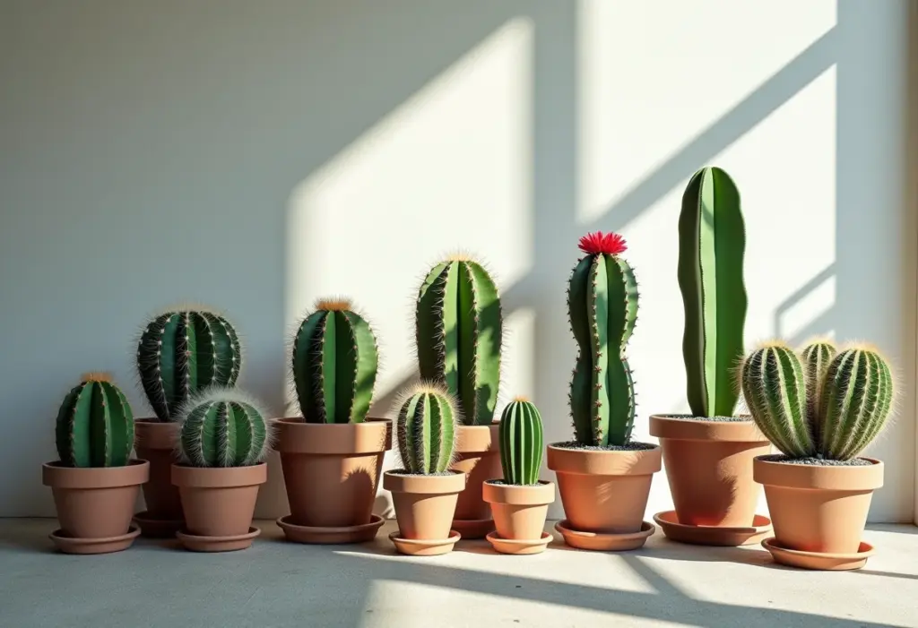 Diversos cactos em close-up sob luz natural