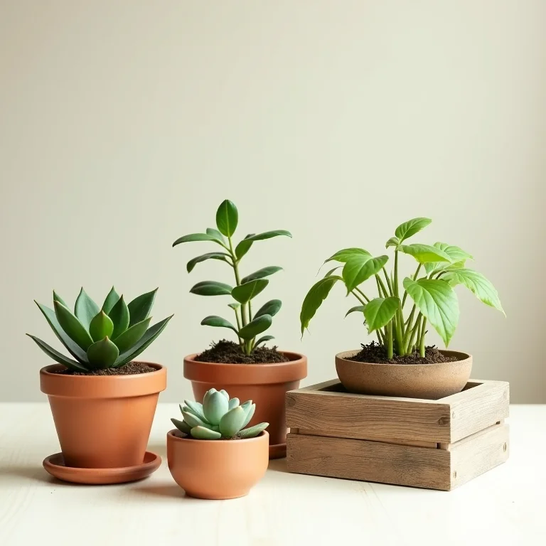 Diversos recipientes para um jardim de chuva em miniatura, incluindo vasos de terracota e uma caixa de madeira rústica.