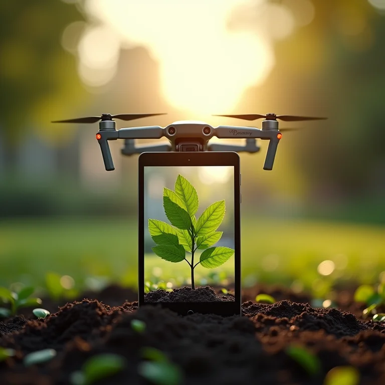 Drone plantando sementes e tablet com visualização de dados sobre a saúde das árvores