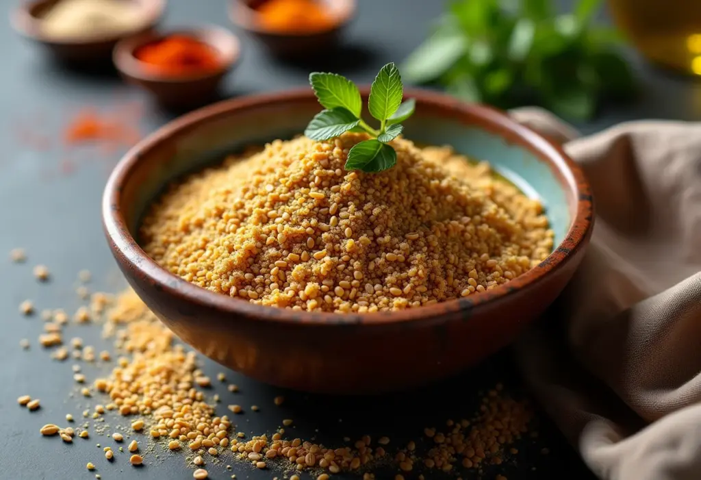 Dukkah, tempero egípcio em um bowl rústico com especiarias e azeite.