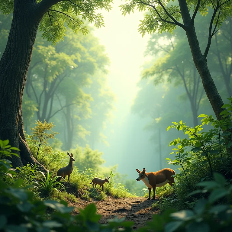 Ecossistema florestal próspero com diversas formas de vida.