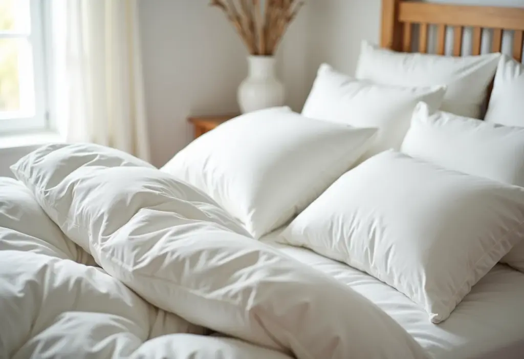 Edredom de penas de ganso: guia SIMPLES de lavagem (e secagem!) Edredom de penas de ganso branco sobre cama minimalista