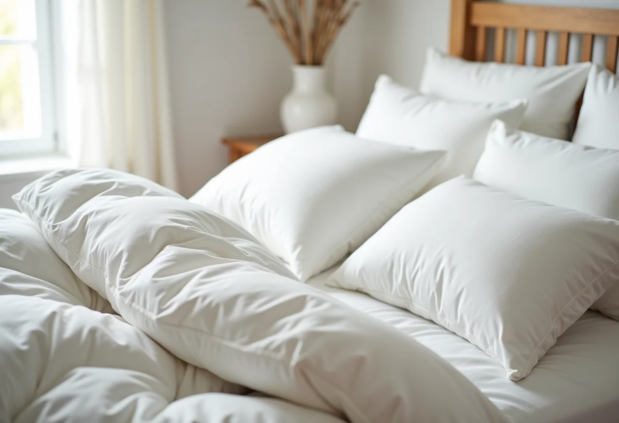 Edredom de penas de ganso branco sobre cama minimalista