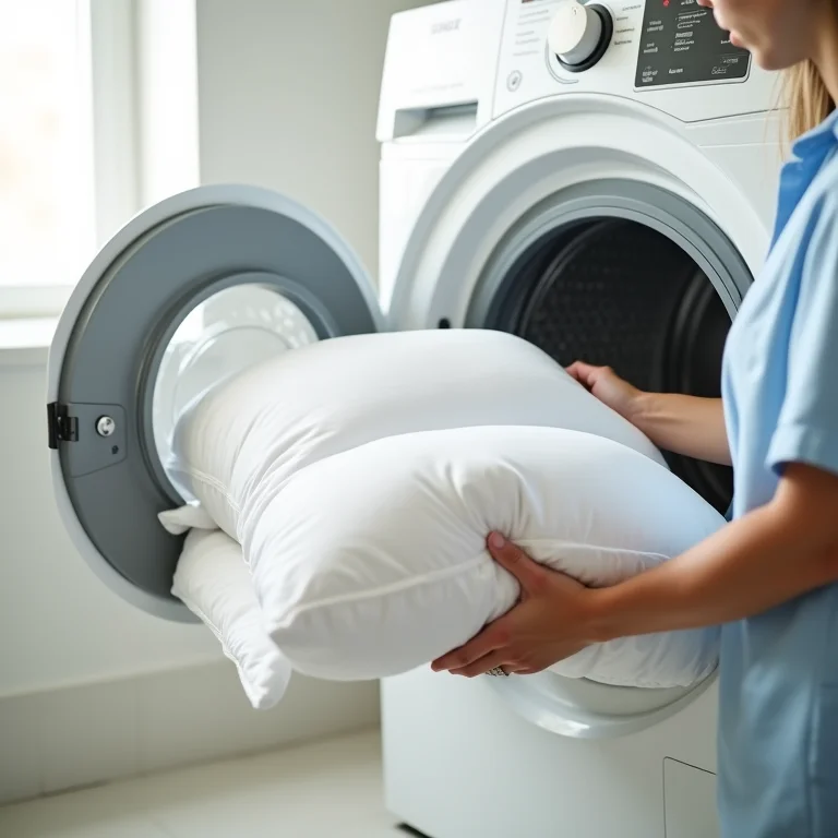 Edredom de penas de ganso sendo colocado em máquina de lavar