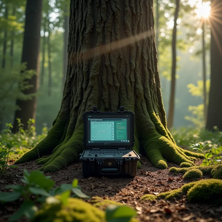 Equipamento de monitoramento acústico perto de uma árvore na floresta.